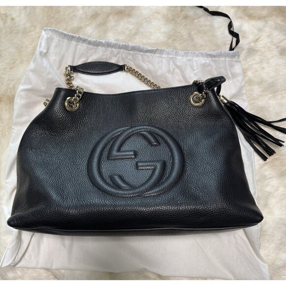 Gucci Soho Handbag Black Leather Tassel Double Chain Medium Shoulder Bag Purse - Picture 3 of 11